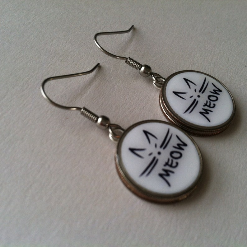 MEOW Kitty Cat Dime Earrings Stainless Steel Ear Wires Handmade