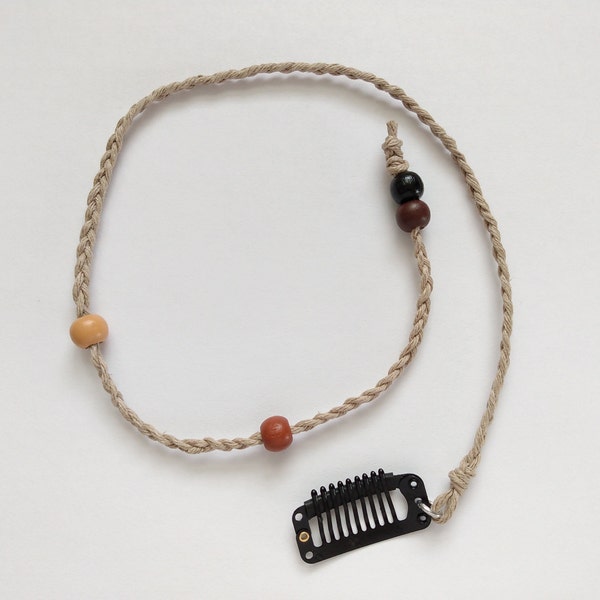Natural Hemp Clip in Hair Wrap / Braid Handmade hair jewelry with wooden beads Choose Length