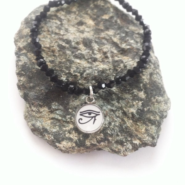 Egyptian Eye of Horus Black Crystal Stretch Charm Bracelet