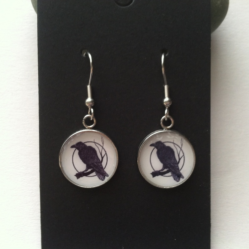 Raven Moon Stainless Steel Earrings Ear Wires Handmade Crow Lightweight