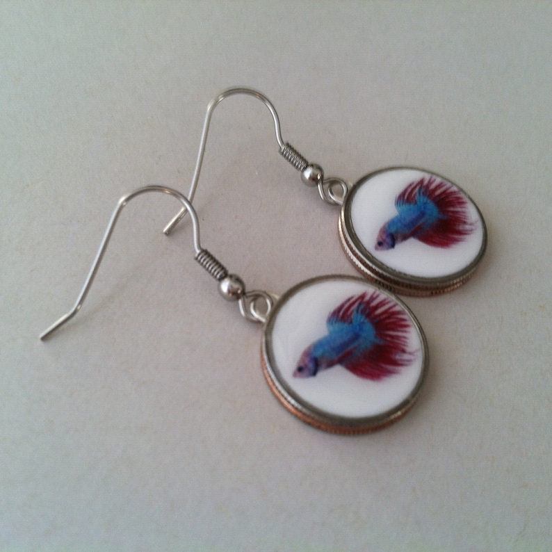 Colorful Betta Dime Earrings Stainless Steel Ear Wires Handmade Siamese Fighting Fish