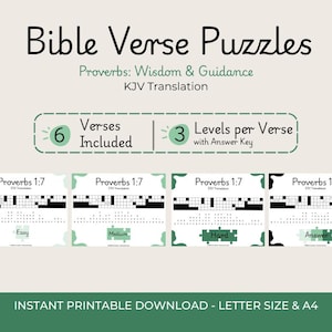 May include: A digital download graphic featuring Bible Verse Puzzles. The design includes the text "Bible Verse Puzzles" and "Proverbs: Wisdom & Guidance KJV Translation." It includes 6 verses with 3 levels per verse. The puzzles are available in Letter Size & A4.
