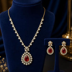 Red Kundan Necklace Set for Women, Teardrop Ruby Necklace Earrings Set, Indian Wedding Jewelry, Bridal Jewelry Set