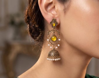 Antike senfgelbe Jhumka Ohrringe für Braut Hochzeit Schmuck für Braut Schwester Mama Geschenk für Brautjungfer Schmuck für Haldi Mehndi
