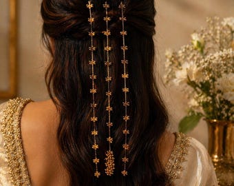 Cadena para el cabello Gold Ghungroo, accesorio nupcial indio para el cabello largo, joyería para bodas y uso festivo para damas de honor, adorno para el cabello para hermanas novias.