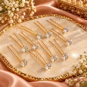 Könnte beinhalten: Ein Set aus zehn goldfarbenen Haarnadeln, die jeweils mit einem einzelnen runden, klaren und facettierten Kristallstein verziert sind. Die Nadeln haben ein gewelltes U-förmiges Design und bieten einen sicheren Halt für das Haarstyling.
