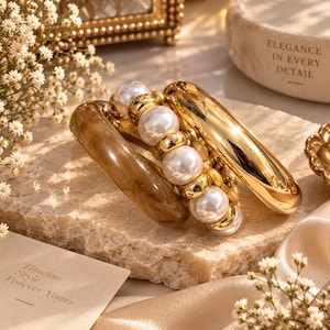 Peut inclure: Un ensemble de trois bracelets comprenant un jonc en résine marbrée marron lisse, un rang de fausses perles blanches alternées avec des perles dorées, et un jonc en métal doré poli, le tout disposé en une formation empilée.