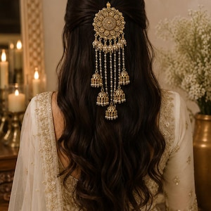May include: A gold hair accessory featuring a large, circular, intricately engraved medallion at the top. Five delicate chains hang from the medallion, each ending in a small, bell-shaped charm adorned with tiny white beads and gold accents.