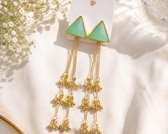 Traditional Kashmiri Earrings, Mint Green Statement Earrings, Gold Tassel Dangle Earrings, Ethnic Bridal Jewelry for Women