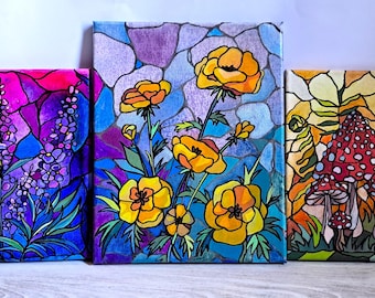 Fiori e funghi - Dipinto botanico originale e stregonesco - Stile cottagecore, vetrata artistica, tecnica mista