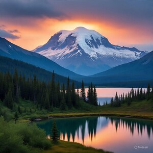 Puede incluir: Un paisaje escénico con una montaña nevada bajo un cielo vibrante al atardecer. Un lago tranquilo refleja la montaña y los árboles de hoja perenne circundantes. La escena evoca una sensación de tranquilidad y belleza natural.