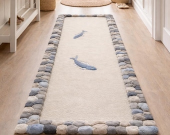 Fish Runner Rug Pebble Border Tufted Hallway Runner Neutral Carpet