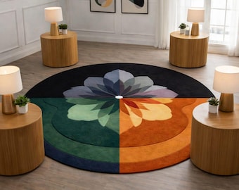 Colorful Round Abstract Rug | Modern Artistic Area Carpet | Designer Statement Decor