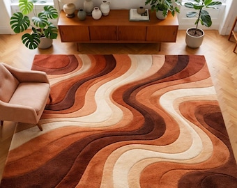 Retro Wavy Area Rug, Mid Century Modern Carpet, Brown Abstract Rug