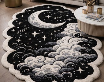 Celestial Moon & Clouds Rug – Black Starry Night Area Carpet, Dreamy Galaxy Nursery Rug,