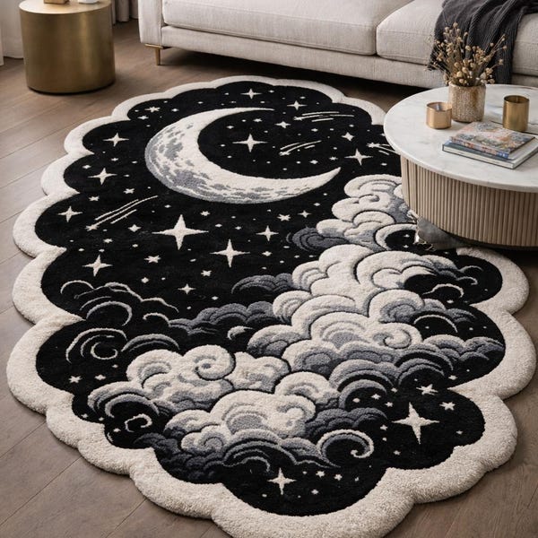 Celestial Moon & Clouds Rug – Black Starry Night Area Carpet, Dreamy Galaxy Nursery Rug,