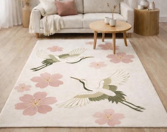 Crane Floral Area Rug, Japanese Bird Carpet, Cherry Blossom Living Room Rug