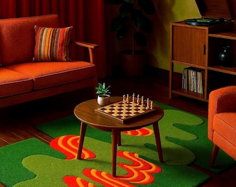 Retro Green Moss Rug with Wavy Lava Pattern – Vintage Inspired Textured Floor Decor