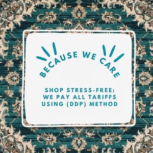 A white speech bubble with blue accents on a teal and cream patterned background, with the text "BECAUSE WE CARE" and "SHOP STRESS-FREE: WE PAY ALL TARIFFS USING (DDP) METHOD" in blue and black.