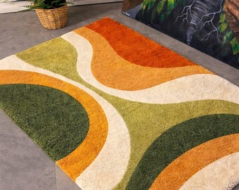 Retro Statement Rug | Mid Century Geometric Carpet | Handmade Earth Tone Living Room Decor