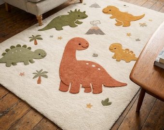Handmade Dinosaur Nursery Rug | Earth Tone Kids Playroom Decor