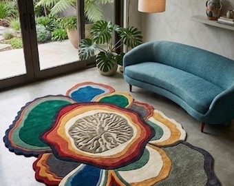 Hand Tufted Wool Rug, Abstract Flower Shape Colorful Modern Area Rug