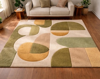 Handmade Tufted Rug | Green Geometric Mid Century Modern Design