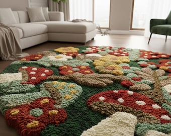 Hand-Tufted Wool Rug | Moss Green Mushroom Design | Round Floral Cottagecore Boho Decor