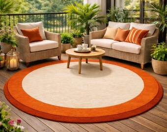 Round Earth Tone Rug | Modern Minimal Handmade Rug | Tufted Patio Living Room Carpet