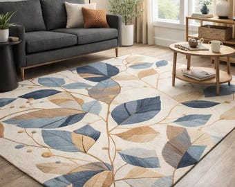 Modern Area Rug | Handmade Tufted Wool Leaf Botanical Floral Neutral Custom Living Room Design