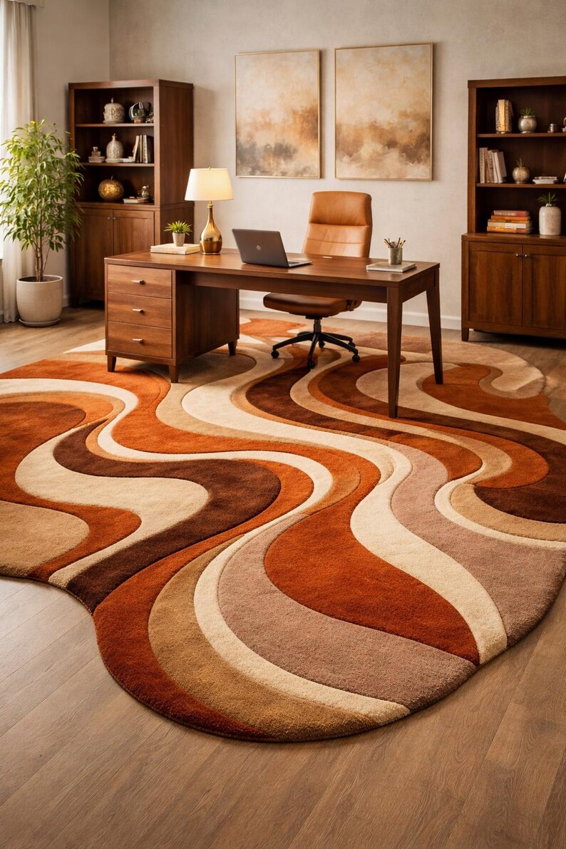 Abstract Wavy Rug, Irregular Shape , Brown Area Carpet, Mid Century ...