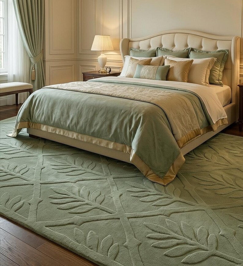 Hand Tufted Sage Green Botanical Leaf Wool Rug, Scandinavian Living ...