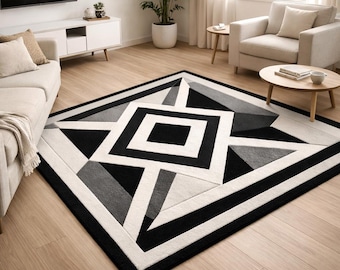 3D Geometric Black and White Area Rug - Modern Abstract Minimalist Carpet