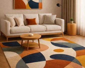 Mid Century Statement Rug | Retro Geometric Carpet | Handmade Contemporary Living Room Decor