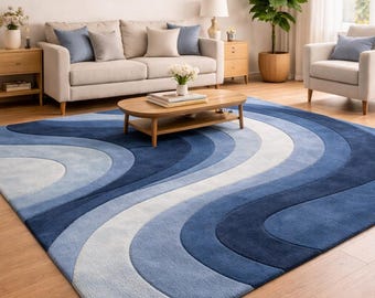 Blue Wavy Statement Rug | Modern Hand Tufted rug | Contemporary Living Room Decor