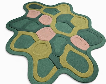 Green Biophilic Rug | Organic Shape Area Rug | Nature Inspired Rugs | Sage  Tufted Carpet