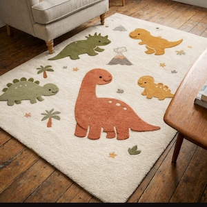 Dinosaur Rug, Hand-Tufted Wool Nursery Carpet in Earthy Tones
