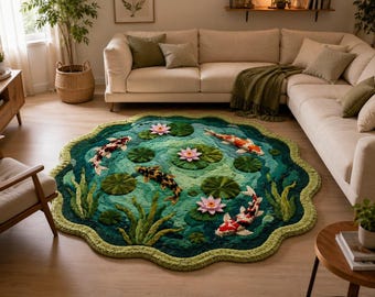 Colorful Area Rug, Hand-Tufted Wool Koi Pond Design