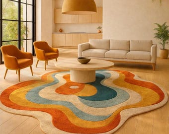 Retro Wavy Statement Rug | Mid Century Modern Carpet | Handmade Contemporary Area Decor