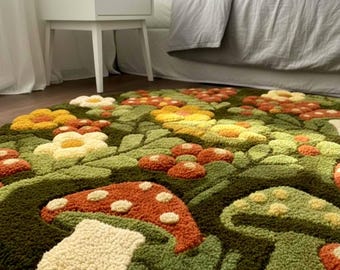 Mushroom Rug Round Hand Tufted Wool Carpet Moss Green Floral Cottagecore Decor Boho Rug
