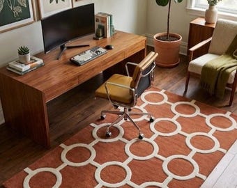 Geometric Mid Century Hand Tufted Wool Rug - Rust & Cream Playroom Decor
