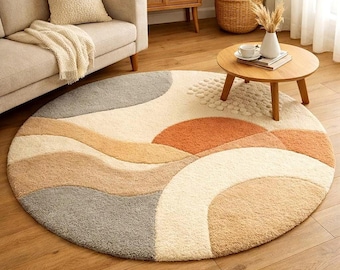 Round Area Rug, Hand Tufted Wool with Modern Abstract Wave Design