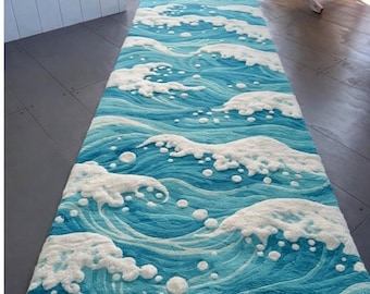 Ocean Wave Runner Rug, Coastal Blue Kitchen Hallway Accent