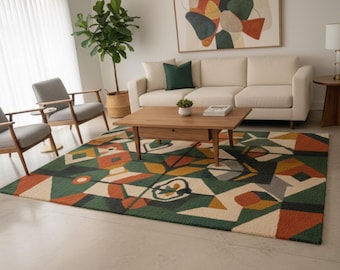 Handmade Geometric Rug | Mid Century Modern, Earth Tones