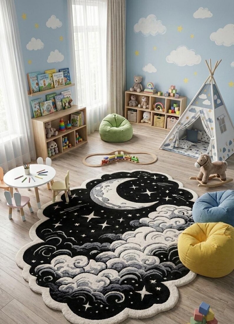 Moon Knight Rug Celestial Moon & Clouds Rug – Black Starry Night Area Carpet, Dreamy ...