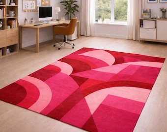 Pink Abstract Area Rug, Modern Geometric Carpet, Living Room Rug
