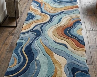 Hand Tufted Wavy Wool Rug - Blue Orange Swirl Area carpet, Coastal Modern Runner