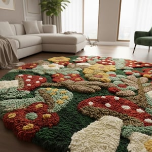 May include: A round, tufted area rug featuring a dark green background with a dense, textured pattern of red and white mushrooms, yellow flowers, and light green foliage. The rug has a thick, looped pile construction with a multi-colored design.