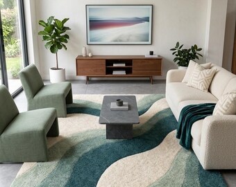 Green Wavy Abstract Rug, Modern Area Rug, Organic Shape Living Room Carpet