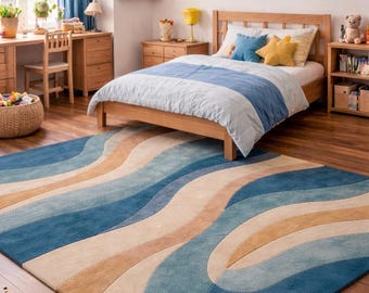 Modern Kids Area Rug, Abstract Wavy Nursery Carpet Blue Beige